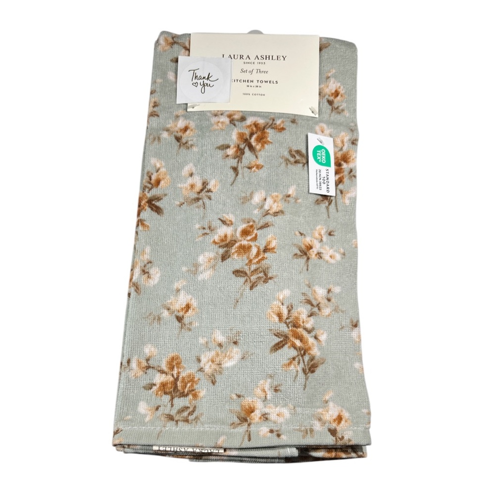NEW Laura Ashley FLORAL LITTLE DARLINGS Kitchen Towel Set/3 Gold Dusted Green